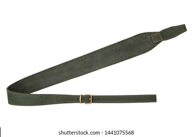 Olive Leather Shoulder Strap For A Gun Isolated On White Background