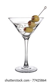 An Olive Martini Cocktail with bubbles on white background