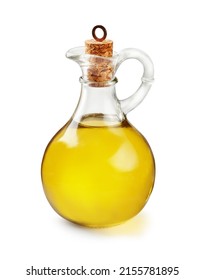 Olive Oil In A Bottle On White Background. Oil Jar Isolated.