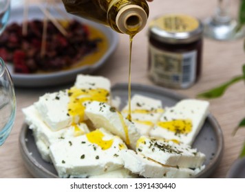 Olive Oil And Cheese Feta, Two Of The Best Traditional Products Of Peloponnese, Greece. 