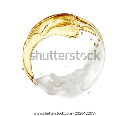 Olive oil and dairy splashes arranged in a circle isolated on a white background