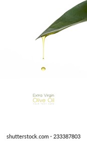 Olive Oil Dripping From A Fresh Green Leaf. Spa Beauty Concept. Template Design With Sample Text