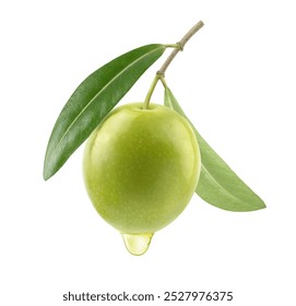 Olive oil dripping from fruits isolated on white background.