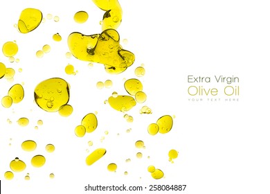 Olive oil drops. Closeup bubbles in water isolated on white. Template design with sample text