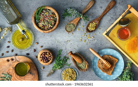 Olive Oil Honey Herbs healthy food - Powered by Shutterstock