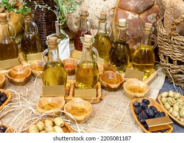 olive oil and olives on the counter, top view - Powered by Shutterstock