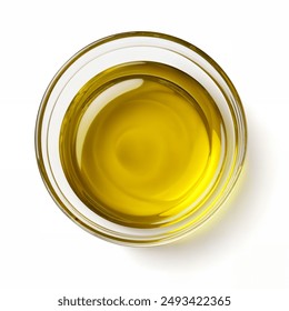 Olive oil placed on a white background. View from directly above