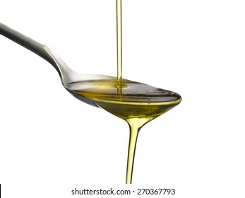 Olive Oil And Spoon Isolated On A White Background