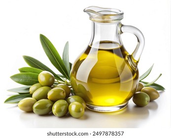 olive oil with olive sprig on white background for heart health