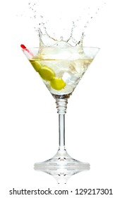 Olive Splashing On Martini Glass Isolated On White Background