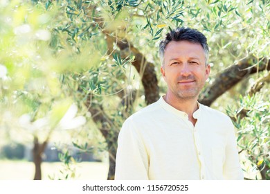 Olive trees. Handsome man posing in olive trees garden. Male portrain over mediterranean olive field ready for harvest. Confident mature man in italian olive grove with ripe fresh olives.   - Powered by Shutterstock