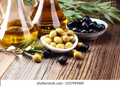 Olives And Olive Oil. Fresh Organic Black And Green Olives