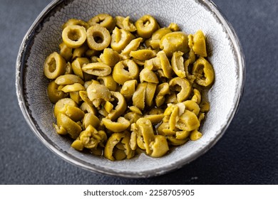 olives salad circle slices meal olive food snack on the table copy space food background   - Shutterstock ID 2258705905