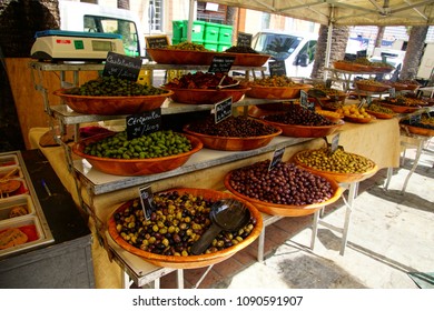 Olives For Sale At A Market In Ajaccio Corsica, France