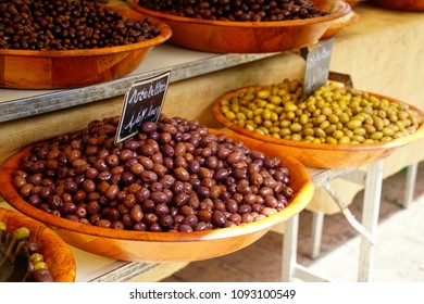 Olives For Sale At A Market In Ajaccio Corsica, France