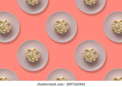 Olivier Salad On Coral Background. Seamless Repeating Pattern.