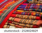 Ollantaytambo is known for its high-quality weaving and colorful textiles, often made using traditional Inca techniques. Cusco Peru.