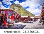 Ollantaytambo, Peru. Souvenir  market in historical city downtown, Sacred Valley.