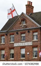 Ollerton,Nottinghamshire,UK April 22nd 2018.Hop Pole Hotel Public House Flying The English Flag Of St George Ready For The Patron Saint Of England Celebrations. 