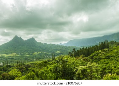Olomana Ridge, commonly called Three Sisters, and the Koolau Mountain Range on the Windward side of Oahu, Hawaii