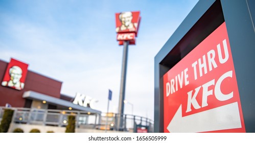Olomouc - February 13, 2020: directional signs for KFC store. Drive Thru service