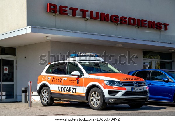 OLPE, GERMANY - APRIL 25,\
2021: German emergency physician car of the Olpe distict at rescue\
center.