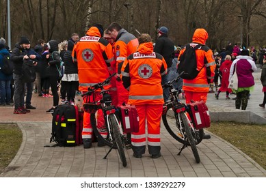 Olsztyn / Poland - 03.10.2019: Rescuers Of The Polish Red Cross With Bicycles At An Urban Event