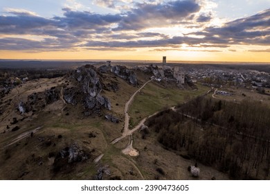 Olsztyn, Poland - 29 April 2022 - aerial view of castle ruins in Olsztyn in Poland