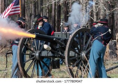 Olustee Battlefield Historic State Park, Florida / USA - February 15 2020: Union Artillery fires. 