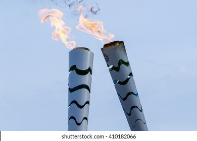 Olympia, Greece - April 20, 2016:The torch during the course of the last rehersal of the the lighting ceremony of the flame for the Olympic Games Rio 2016 and the Torch Relay, ancient Olympia, Greece.