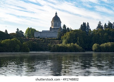 Olympia, Washington State Capitol Lake With Bird Flying
