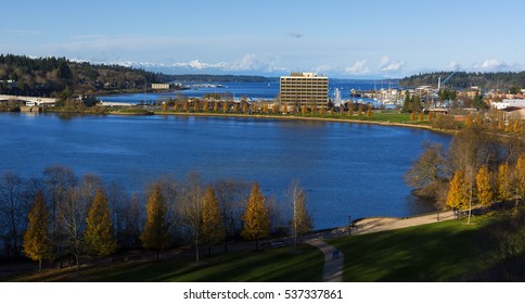 Olympia, Washington USA - December 4th, 2016. Capitol Lake  in Downtown Olympia is a popular place for people to run and walk.