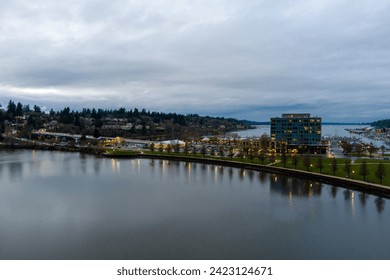 The Olympia, Washington waterfront at sunset in December