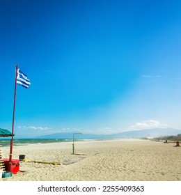 Olympiaki Akti, Greece - 18 September 2022: Beach and view of Olympus in stormy weather - Shutterstock ID 2255409363