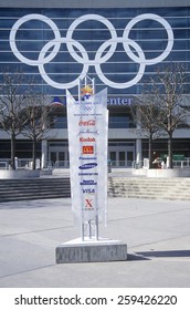 Olympic Rings On Side Of Delta Center During 2002 Winter Olympics, Salt Lake City, UT