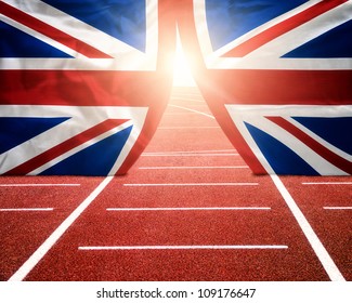 Olympics London concept with sun shining trough British flag curtains on running track