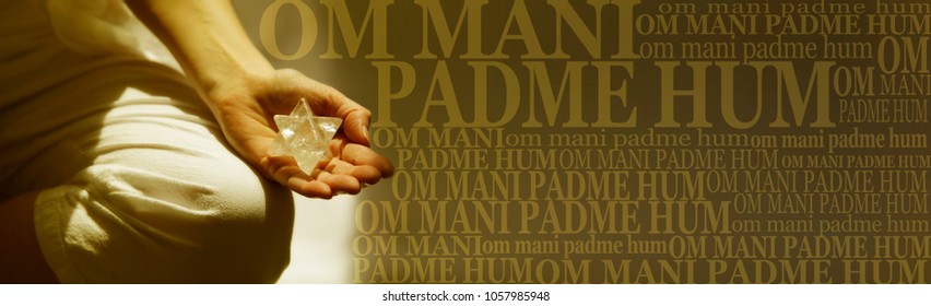 Om Mani Padme Hum Buddhism Meditation mantra Banner  - Female in lotus position holding a Merkabah alongside prayer chant words on wide background. Meaning: Praise to the jewel in the lotus
