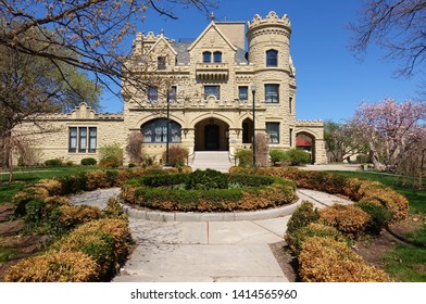 OMAHA, NE -20 APR 2019- View of the landmark historic George and Sarah Joslyn Home (Joslyn Castle), a mansion located in the Gold Coast Historic District of Omaha, Nebraska, United States.