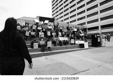 Omaha, NE USA 5-3-22 Residents gather in front of City Hall in Omaha to protest the recently-leaked opinion draft, which seeks to reject the 1973 decision which guaranteed abortion rights protection