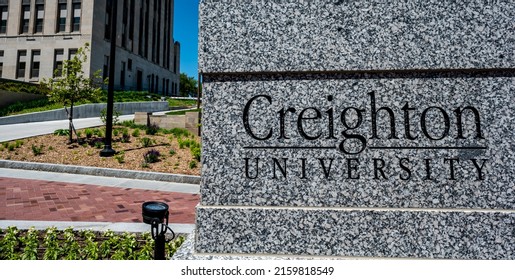 Omaha, Nebraska, US - 5.2022 - Entrance Sign To Creighton University Central Campus.