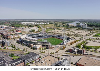 Omaha, Nebraska / USA - 9/13/2020: Aerial Drone Photos Of TD Ameritrade Park, Home Of The NCAA College World Series In Omaha Nebraska, USA.