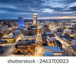 Omaha, Nebraska, USA downtown city skyline from above at dawn.