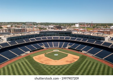 Omaha, Nebraska, USA - June 12, 2021: Aerial Landscape View Of TD Ameritrade Ballpark, Home Of The College World Series And Creighton University Bluejays Baseball Team