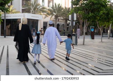 Omani Family Together At The Walk Pedestrian Area. Al Mouj, The Wave, Muscat, Oman. August 1, 2020