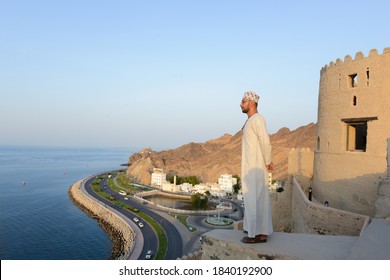 Omani Man Standing On Top Of Mutra Fort, Oman