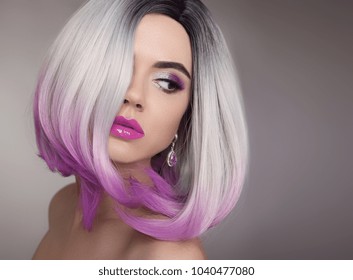 Ombre Bob Blonde Short Hairstyle. Purple Makeup. Beautiful Hair Coloring Woman. Fashion Trendy Haircut. Blond Model With Short Shiny Hairstyle. Concept Coloring Hair. Beauty Salon. 