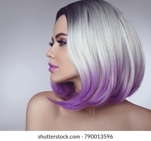 Ombre Bob Hair Coloring Woman. Beauty Portrait Of Blond Model With Short Shiny Hairstyle. Concept Coloring Hair. 