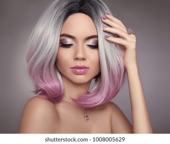 Ombre Bob Pink Hair Woman. Glitter Makeup. Manicure Nails. Beauty Portrait Of Blond Model With Short Shiny Hairstyle. Concept Coloring Hair. Fashion Jewelry