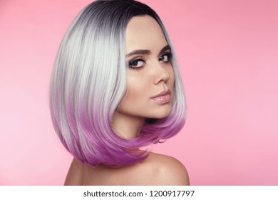 Ombre Bob Short Hairstyle. Beautiful Hair Coloring Woman. Trendy Puprle Haircut. Blond Model With Short Shiny Haircuts Isolated On Pink Background. Makeup. Beauty Salon.