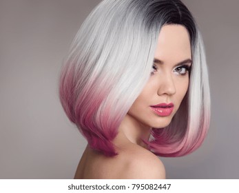 Ombre bob short hairstyle. Beautiful hair coloring woman. Fashion Trendy haircut. Blond model with short shiny hairstyle. Concept Coloring Hair. Beauty Salon. 